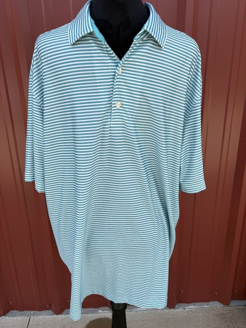 Hickey Freeman Golf Polo Shirt XL Green & White Striped Polyester Spandex Short